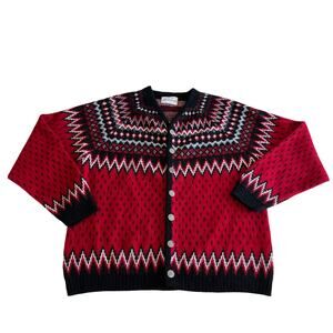 Vtg Y2K Red Black Fair Isle Nordic Cardigan Sweater Wmns XL Holiday Christmas